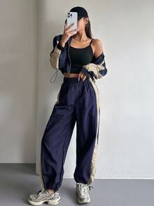 DAZY Women's Colorblock Patchwork Stand Collar Jacket & Pants Fashion 2 Pieces Set - Navy Blue - View 4