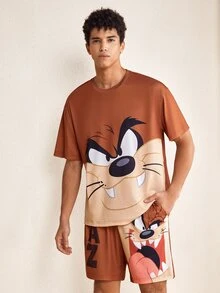 LOONEY TUNES X SHEIN Men's Cartoon Print Short Sleeve Top And Shorts Loungewear Set - Brown - View 6