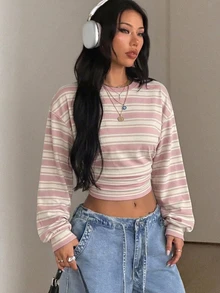 Coolane 女款條紋收腰圓領休閒極簡運動風街頭穿搭百搭派對機場造型Y2K上衣，學院風，女款外出穿著，女款春秋穿著 - 白色 - 查看 6
