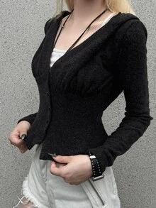 FRIFUL Women's Solid Color V-Neck Casual Daily Hooded T-Shirt - Grey - View 8
