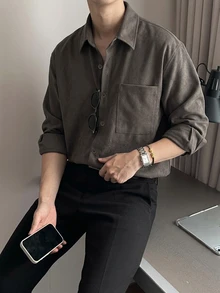 DAZY Spring/Autumn Grey Solid Color Korean Style Casual Men's Shirt - Grey - View 5