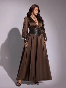 Viva Relle Plus Size Women's Sequin V-Neck Split Design Party Dress - Brown - View 1