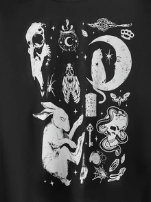 ROMWE Goth Plus Size Women Rabbit Pattern Casual Everyday Long Sleeve Sweater - Black - View 2