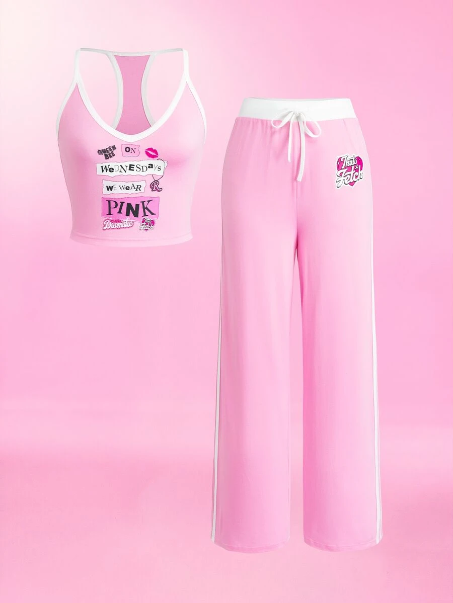 Mean Girls | SHEIN Women's Letter Print Tank Top And Waist Tie Long Pants Casual Two Pieces Set - Baby Pink - View 1