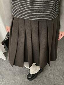 DAZY Women's Dark Gray Striped High Waist Wool Blend Pleated Loose A-Line Mid-Length Skirt - Dark Grey - View 1