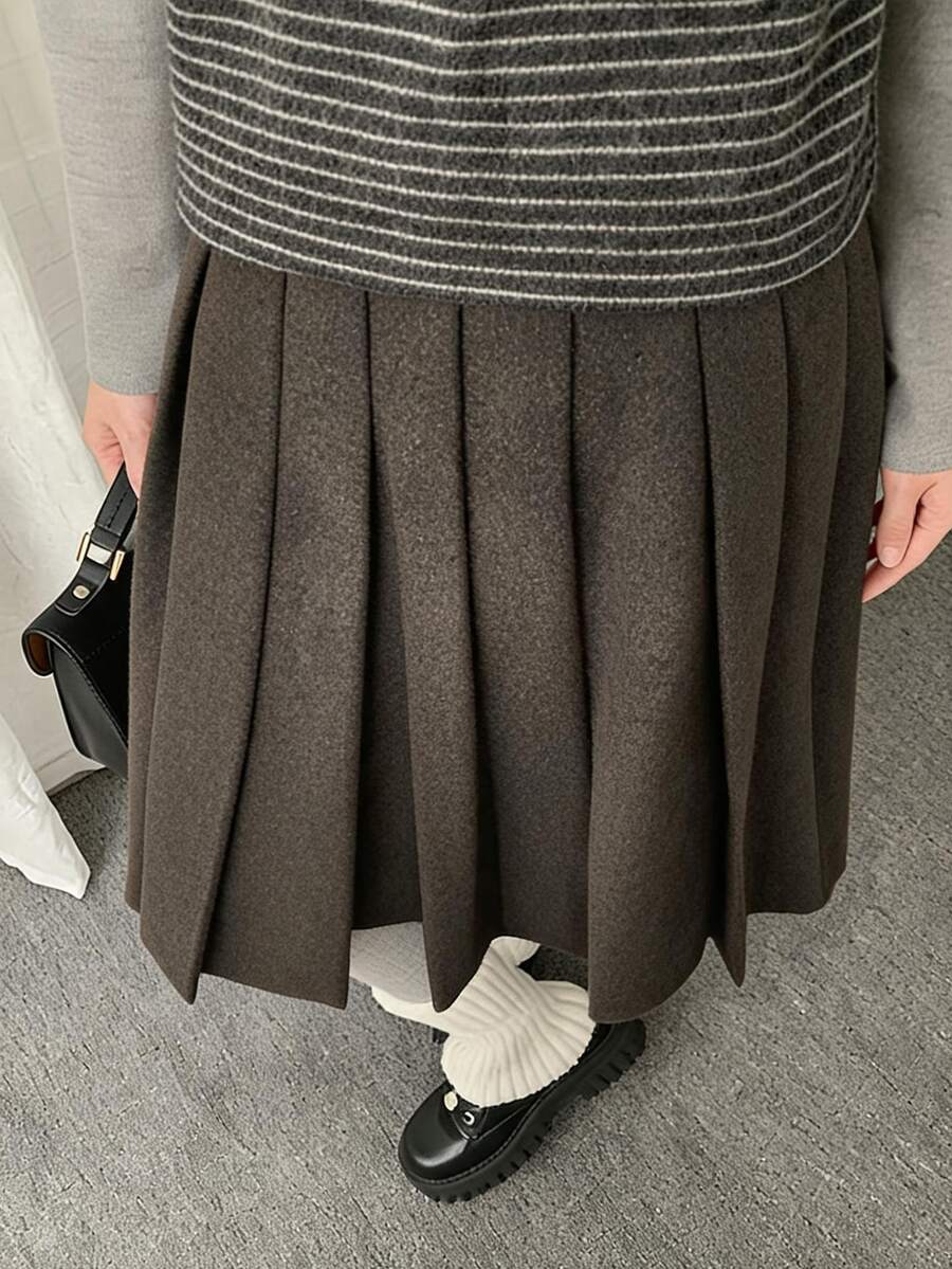 DAZY Women's Dark Gray Striped High Waist Wool Blend Pleated Loose A-Line Mid-Length Skirt - Dark Grey - View 1