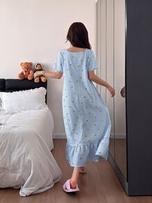 Napfluff Lemon Plaid Print Ruffle Trim Mid-Length Loose Short Sleeve Women's Nightgown - Blue - View 2