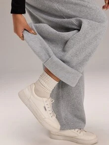 EMERY ROSE Plus Size Women Solid Color Casual Wide Leg Pants For Daily Wear - Grey - View 9