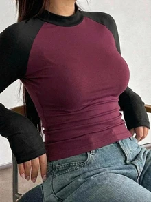 Dazy Plus Contrast Color Patchwork Fitted Street Casual Short Long Sleeve Spring Autumn T-Shirt - Burgundy - View 6