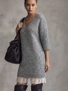 Trelyra Slouchy V-Neck Drop Shoulder Mid-Sleeve Knit Dress, Loose Fit Slimming Grey Atmosphere Knit & Contrast Lace Mini Dress - Grey - View 6