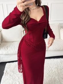 Feyla Women's Elegant Front Knot Ruched Fishbone Lace Dress - Red - View 5