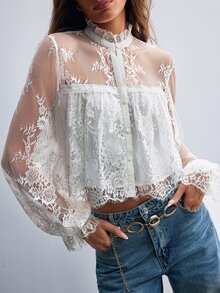 Willow Rêve Women's White Lace Semi-Sheer Stand Collar Button Long Sleeve Blouse - White - View 1