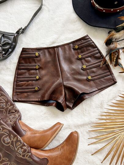 Soleia Women's Sexy Bohemian Western Country Music Festival Halloween Vintage Washed Distressed PU Mini Shorts, Napoleon Shorts, Cowgirl Outfit, Road Trip Outfit, Autumn Outfit