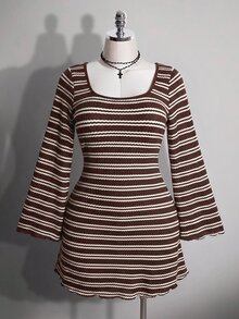 SHEIN ICON 大尺碼彩色條紋露背喇叭袖針織洋裝 - 咖啡棕 - 查看 3