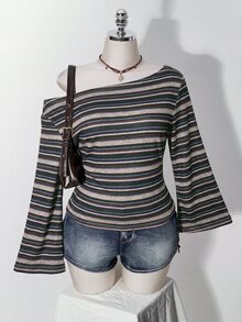 SHEIN ICON 大尺碼 Y2K 復古不對稱肩針織收腰 T-shirt 上衣，休閒復古不對稱領長袖上衣 - 彩色 - 查看 5