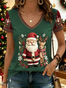 Breezaya Christmas Cute Little Reindeer & Santa Claus Pattern Print Fashion Plus Size T-Shirt - Multicolor - View 1