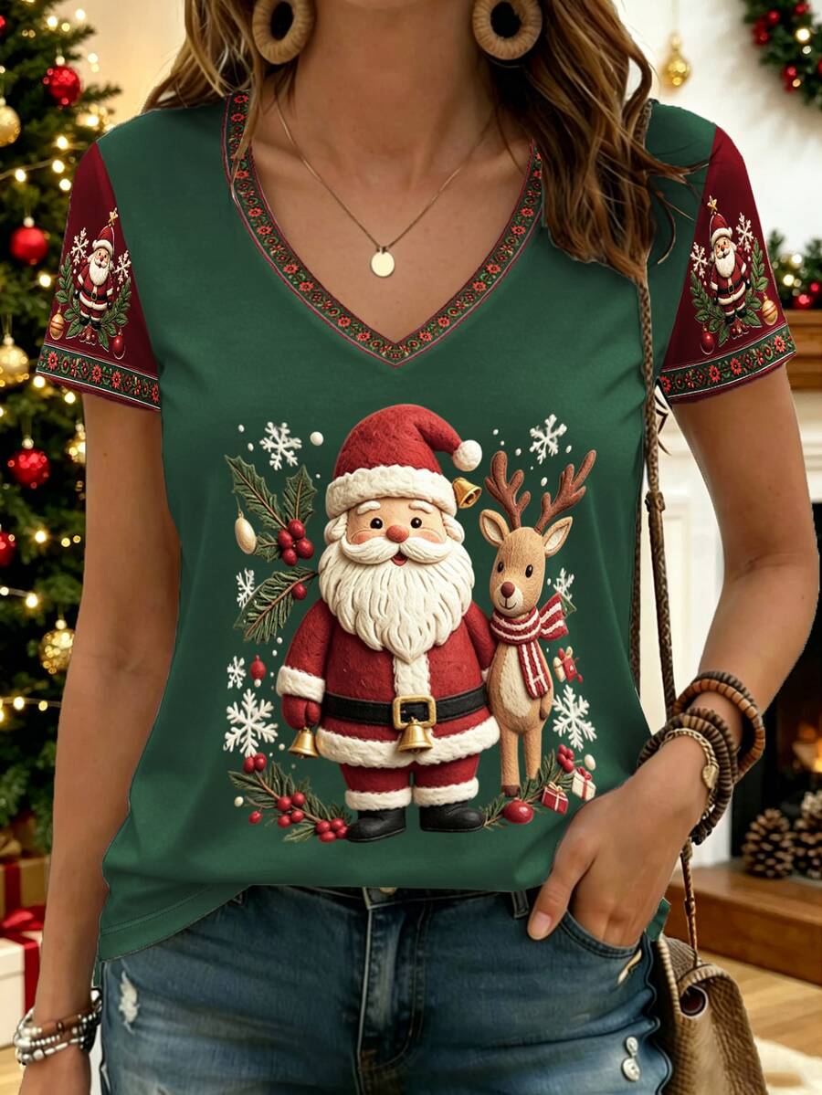 Breezaya Christmas Cute Little Reindeer & Santa Claus Pattern Print Fashion Plus Size T-Shirt - Multicolor - View 1