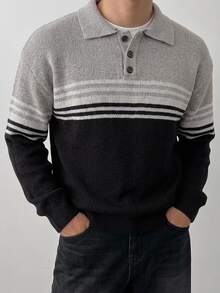 DAZY Autumn/Winter Navy Blue Striped Colorblock Polo Collar Men's Sweater - Multicolor - View 1