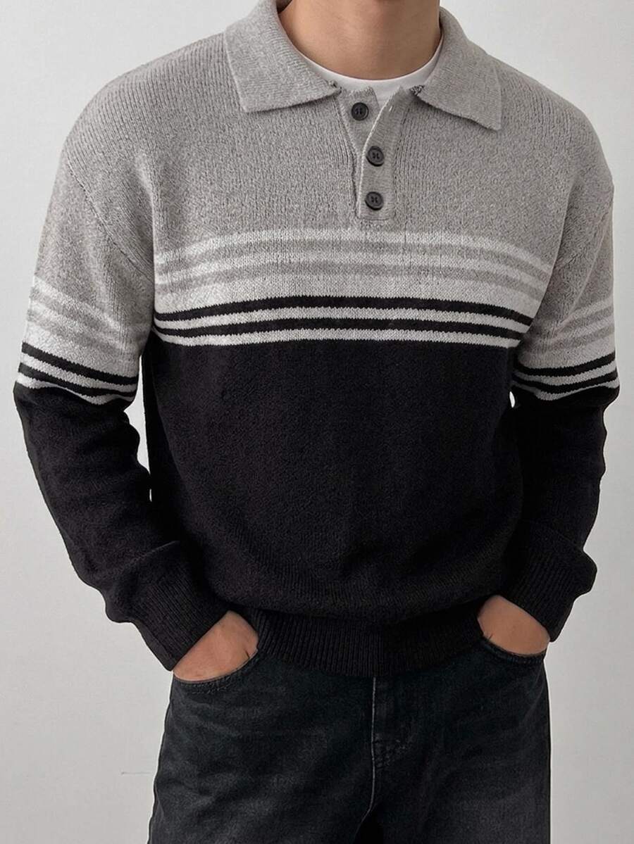 DAZY Autumn/Winter Navy Blue Striped Colorblock Polo Collar Men's Sweater - Multicolor - View 1