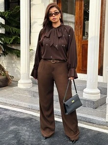 Vionelle Blus Lengan Panjang Berkilau Elegan Gaya Prancis untuk Wanita Ukuran Besar dengan Kerah Ikat - Coklat - View 6