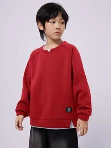 SHEIN 兒童青少年男孩紅白條紋套頭衫，秋季休閒開學圓領寬鬆對比色拼接長袖針織運動衫 - 紅色 - 查看 4