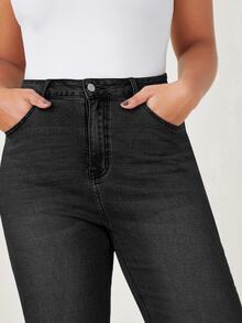 Jeanoix Celana Jeans Denim Kasual Wanita Ukuran Besar untuk Perjalanan Sehari-hari dengan Saku dan Kancing - Hitam - View 6