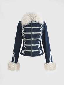 ROMWE Avant Women's Webbing Button Faux Fur Patchwork Denim Jacket - Blue - View 1