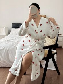 CottageSlumber Heart Print Plus Size Long Sleeve Plush Robe - White - View 4