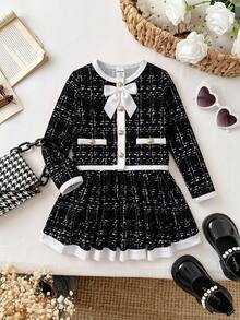 SHEIN Baby Girl Bow Decor Plaid Jacket And Skirt Set - Black - View 9
