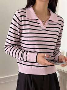 DAZY 女款粉黑條紋領口V領修身長袖休閒針織 Polo 毛衣 - 粉色 - 查看 3