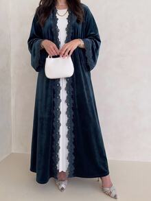 Al Najma Women Fall Winter Warm Navy Blue Velvet Lace Trim Open Front Long Sleeve Loose Long Abaya Kaftan For Home Visiting Gathering - Blue - View 10