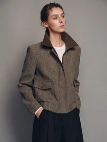 MOTF PREMIUM Wide Shoulder Silhouette Herringbone Contrast Collar Jacket Coat Autumn/Winter - Brown - View 1