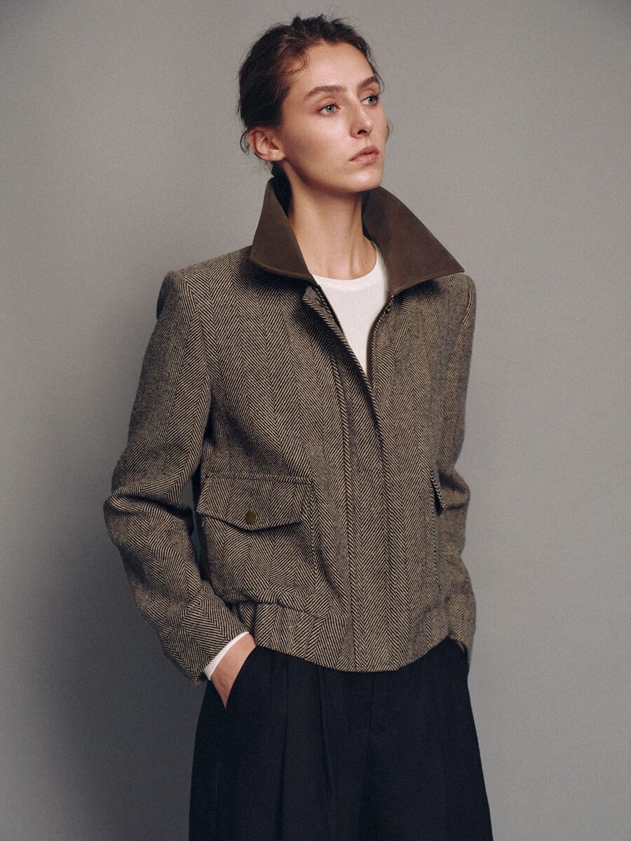 MOTF PREMIUM Wide Shoulder Silhouette Herringbone Contrast Collar Jacket Coat Autumn/Winter - Brown - View 1