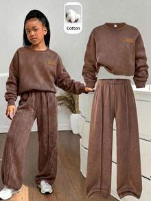 SHEIN Setelan 2 Potong untuk Remaja Perempuan: Sweatshirt Rajut Warna Polos Kerah Bulat Longgar dan Celana Panjang Longgar Model Lurus - Grey - View 1