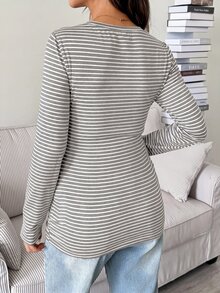SHEIN 女款條紋圖案長袖圓領舒適居家穿著上衣 - 灰色 - 查看 6