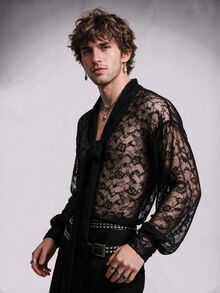 DSELFIQUE Men's Semi-Transparent Wrist Sleeve Shirt - Black - View 3