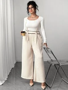 Elenzga Plus Size Colorblock Woven Wide Leg Overalls With Wide Strap, Button Detail At Waist Connection, Fashionable Retro Casual Commute Vacation Pastoral Style Jumpsuit - Apricot - View 7