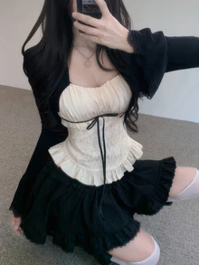 DAZY Patchwork Contrast Color 2 In 1 Lace Trim Tie Bow Elegant Vacation Korean Style Girl Spring Autumn Top Women T-Shirt - Apricot - View 2