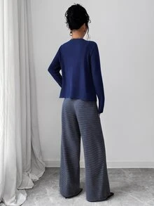 Selianne 女款針織純色開襟鈕扣外套、條紋修身抽繩裝飾背心、優雅休閒通勤日常出遊長褲三件套 - 藏蓝色 - 查看 2
