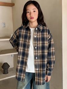 Dazy Kids (Tween Girl) 寬鬆格紋襯衫，全新秋季風格，長袖休閒外套上衣 - 藏蓝色 - 查看 1