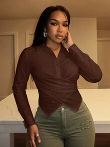 Slaydiva 秋冬新款百搭圍裹繫腰白色襯衫 翻領長袖 多種穿法可變形修身女上衣-A - 鏽棕色 - 查看 3