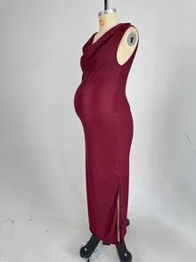 Cheriluna Maternity Burgundy Shiny Fabric Ruched Neck Maternity Portrait Dress, Sleeveless Tank Top Bodycon Split Fishtail, Elegant And Glamorous For Evening Party - Burgundy - View 10