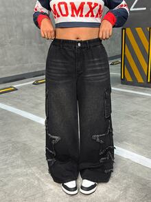 SHEIN Tall CURVE Plus Size Fashion Button Pocket Applique Embroidery Denim Jeans - Black - View 3