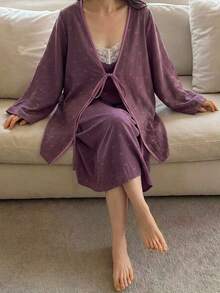 DAZY 2pcs/Set Women's Bow Print Lace Patchwork Loose Sleeveless Camisole Nightgown & Long Cardigan Robe Sleepwear Set - Purple - View 4