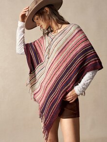 Bohemela Women's Vintage Striped Boho Loose-Fit Crew-Neck Poncho Sweater For Fall, Perfect For Vacations, Going Out, And Halloween Outfits - Multicolor - View 4