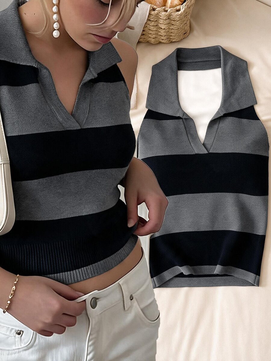 Story & Sage Women's Striped Colorblock Halter Neck Knit Top - Multicolor - View 1
