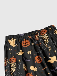 ROMWE Fairycore Plus Size Gothic Pumpkin Print Dark Vacation Skirt - Black - View 4