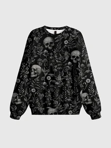 ROMWE Gothic Dark Forest Skull Gothic Pullover Sweatshirt Plus Size - Black - View 1