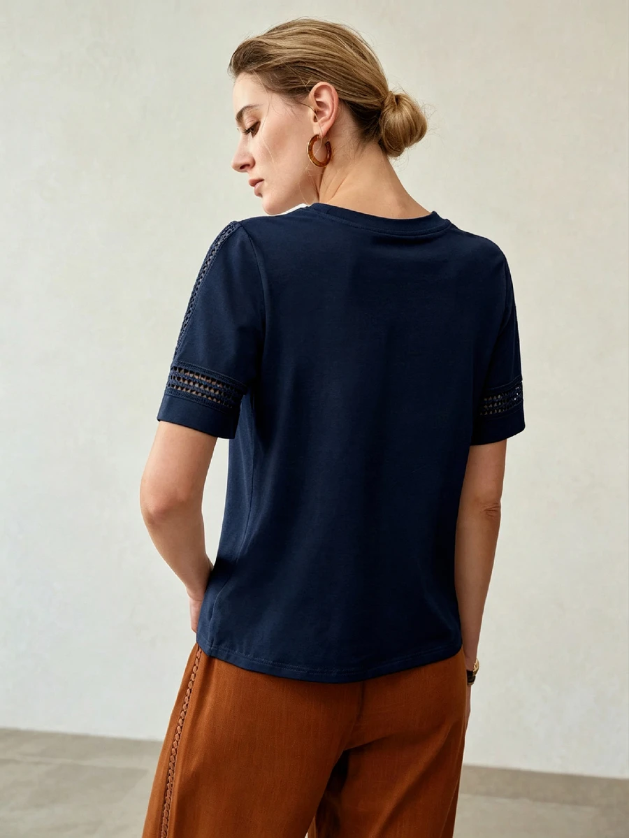MOTF PREMIUM WOMEN'S STREET LACE PATCHWORK CREW NECK T-SHIRT - Navy Blue - View 2