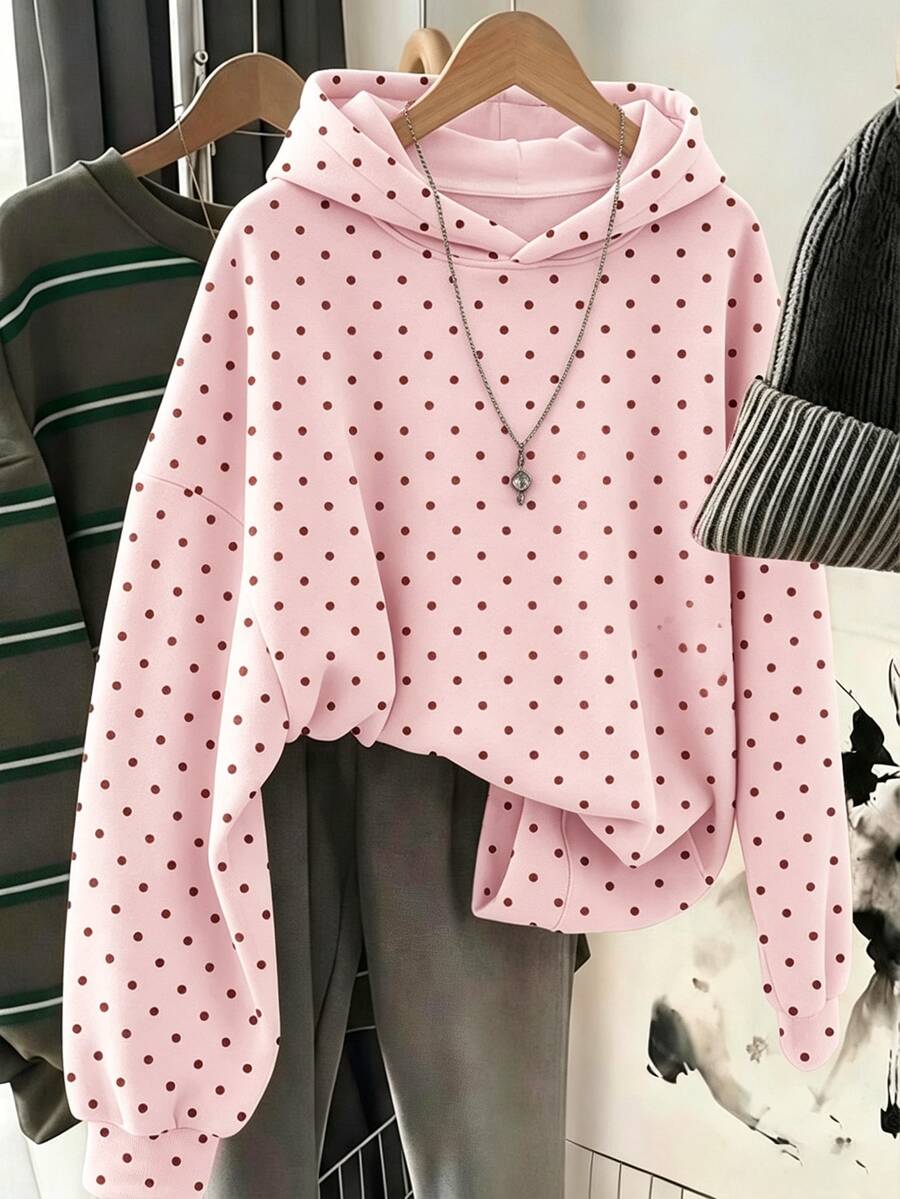 青少年女孩休閒時尚粉色波點圖案厚實舒適柔軟連帽衛衣,適合秋冬日常、街頭、戶外、Y2K、運動、校園、返校,甜美風格 - 白色 - 查看 1